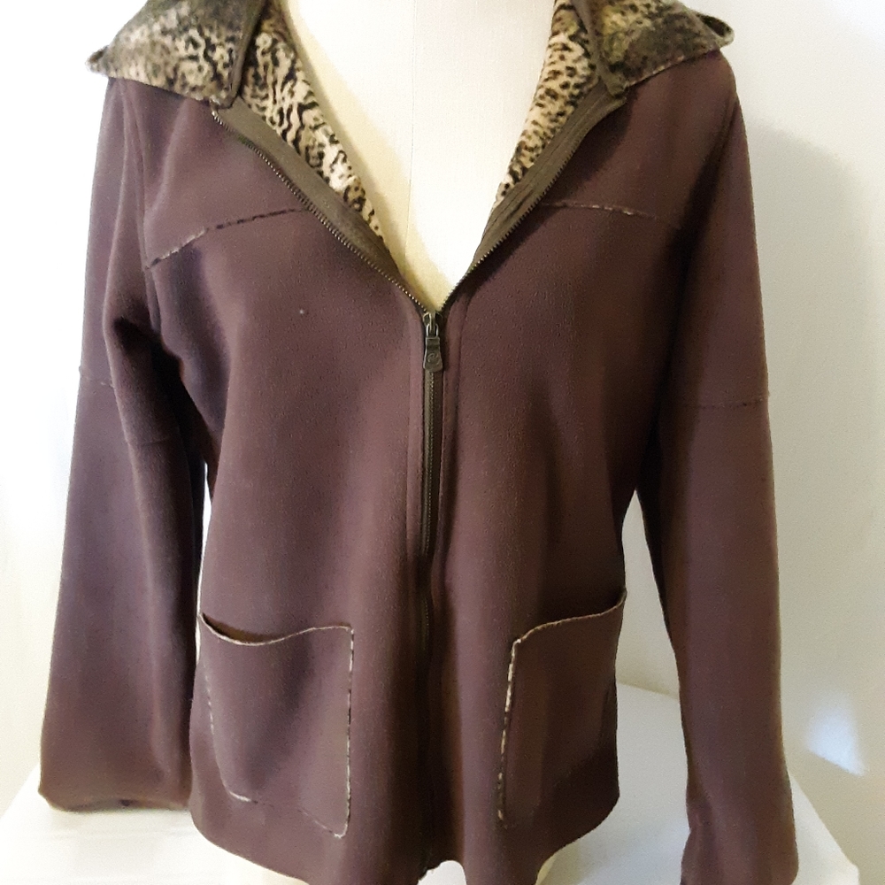 B.C.  Brown hooded Jacket, leopard print liner